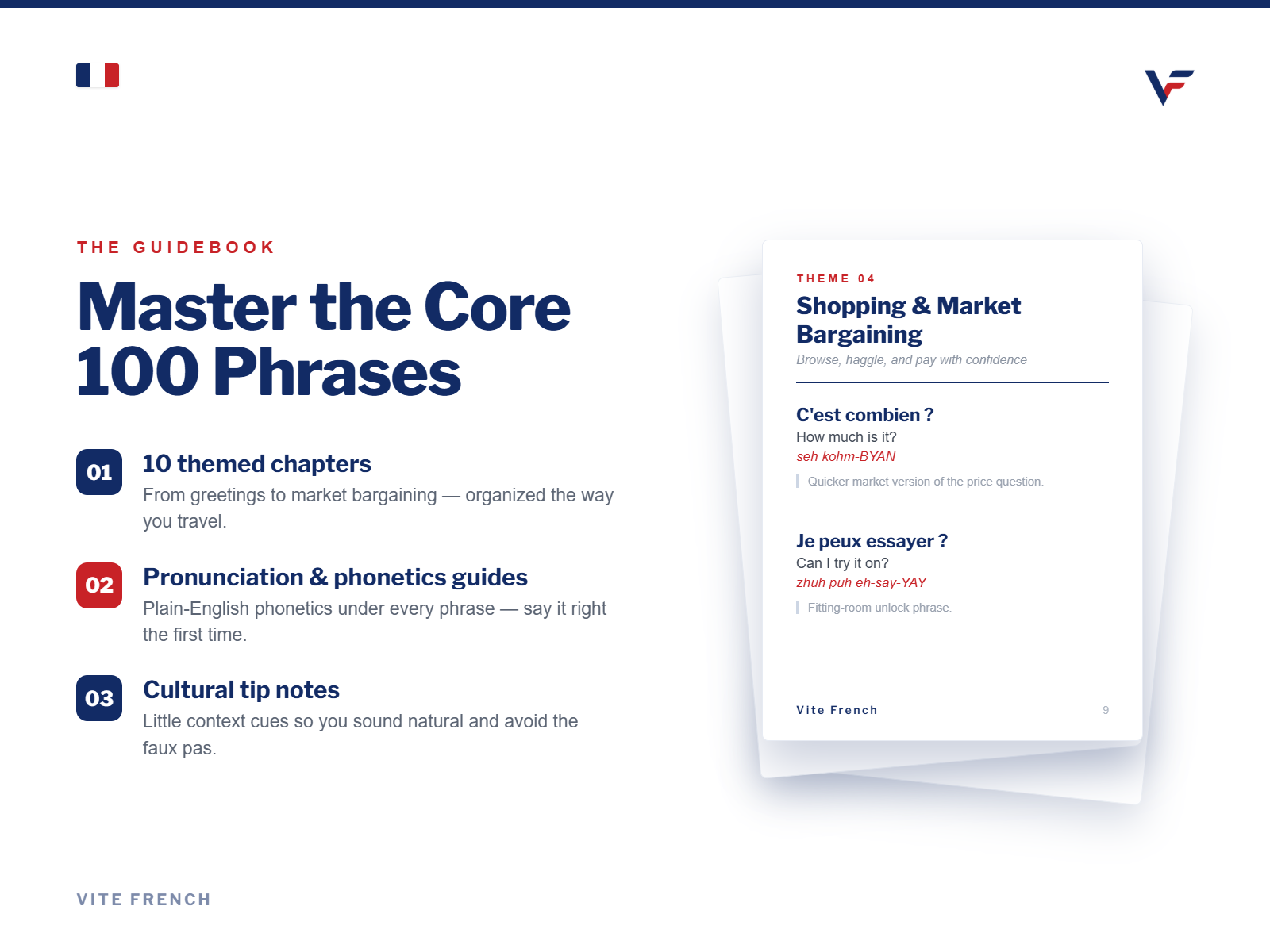 Inside the guidebook: 10 themed chapters, plain-English phonetics under every phrase, and cultural tip notes — sample page from Theme 4, Shopping & Market Bargaining